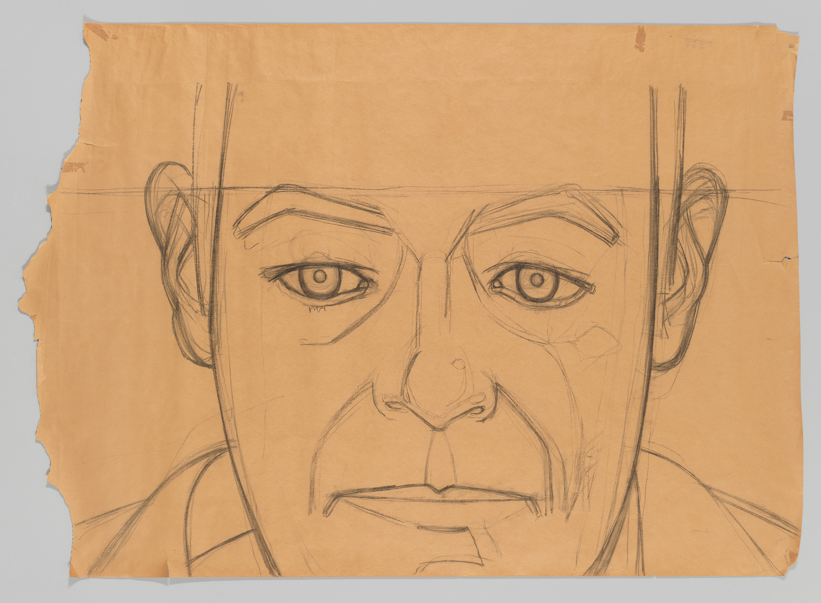 A pencil sketch of a person's face on a piece of tattered, yellowish paper. The drawing is detailed around the eyes and nose, with less detail towards the edges of the face. The paper has tears and creases, adding to the sketch's rustic appearance.
