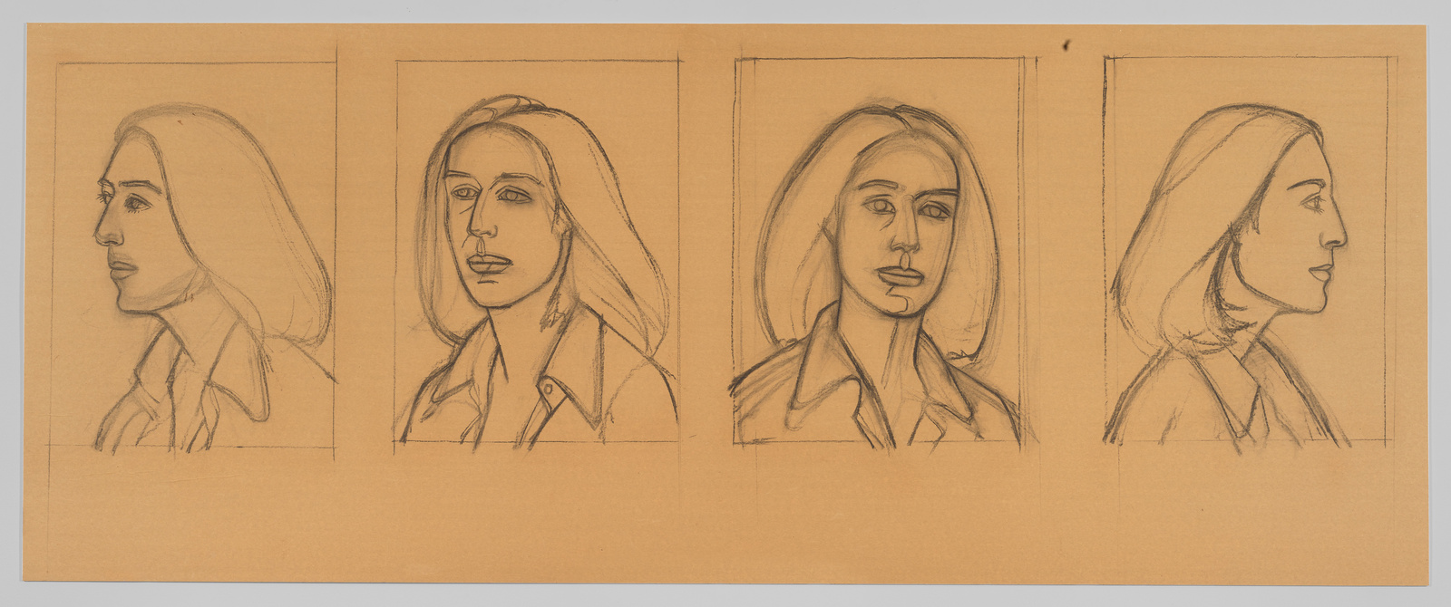 Four sequential sketches of a woman's head and shoulders on a tan background, each within a separate outlined box. The woman is depicted from different angles: profile view facing left, three-quarter view facing left, frontal view, and profile view facing right. The sketches are done in a loose, expressive style with visible pencil strokes.