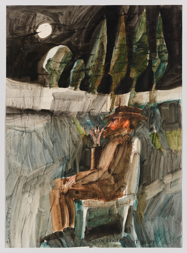 A watercolor painting depicting a figure seated in a chair, possibly Vincent van Gogh, with a dark, moody background featuring a bright moon and abstract tree shapes. The figure has a reddish beard and wears a hat, and the brushstrokes are loose and expressive, suggesting a night-time scene. The text "VINCENT VAN GOGH STREMY" is visible at the bottom.