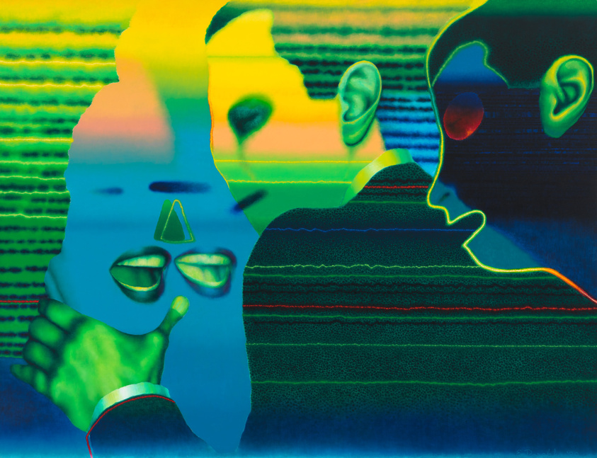 A digital artwork featuring a thermal imaging effect that shows the silhouettes of three overlapping faces in profile, with a spectrum of vibrant colors ranging from yellow to blue across the image, and a pattern of horizontal lines in the background.