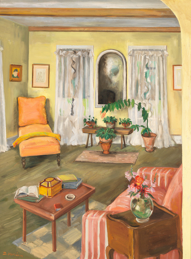 A cozy, sunlit room painted in warm colors, featuring an orange chaise lounge, a pink sofa with a floral arrangement on a side table, and a coffee table with books and a lantern. The room is adorned with potted plants on a wooden table and framed artwork on the walls, with light streaming through white curtains flanking an arched window.