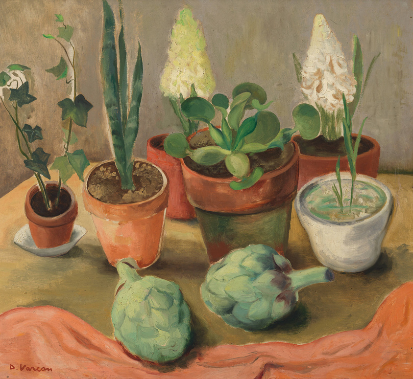A painting depicting a collection of potted plants and two artichokes on a table. The plants include a slender cactus, a flowering bulb, and leafy green houseplants in terracotta pots, with one plant in a white pot. The artichokes rest on the table's surface, and the background features a neutral-toned wall. The artist's signature, D. Varian, is visible in the lower left corner.
