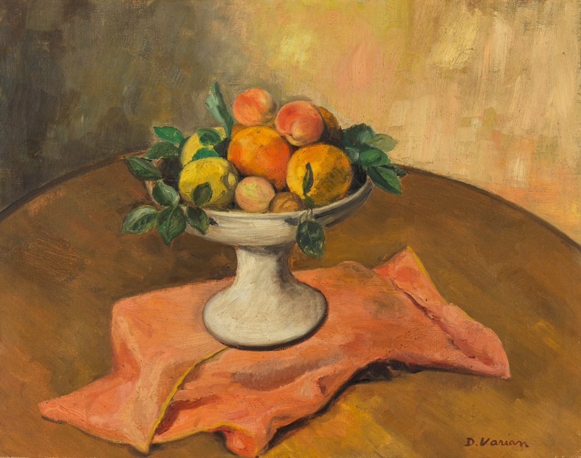 Oil painting depicting a still life with a white pedestal bowl filled with vibrant oranges and lemons, some with attached green leaves, placed on a wooden table with a draped peach-colored cloth. The background features warm, muted tones that complement the fruit's vivid colors. The artist's signature is visible in the lower right corner.