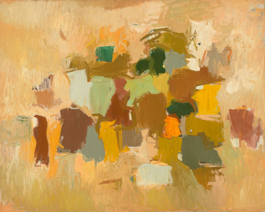 An abstract painting featuring a blend of warm and earthy tones with patches of green and orange. The brushstrokes are thick and loosely defined, creating a sense of movement and texture throughout the canvas.