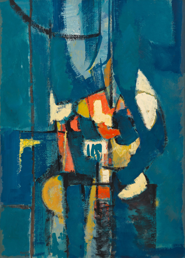 Abstract expressionist painting featuring a blend of dark and vibrant colors, with prominent blues, oranges, and whites. The composition is non-representational with dynamic brushstrokes and a sense of layered textures.