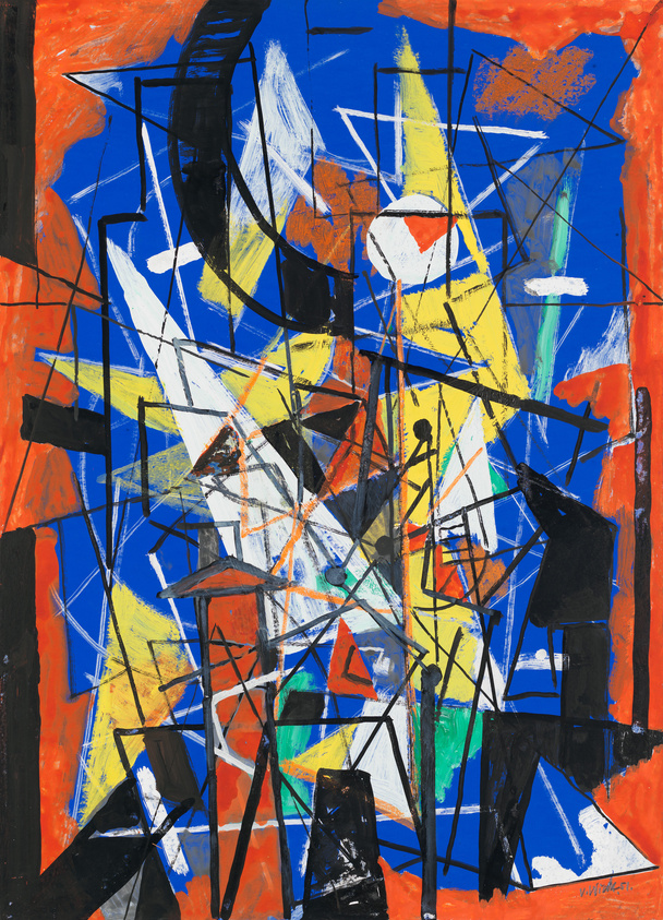 Vibrant abstract painting with a chaotic mix of shapes in black, white, yellow, red, and blue.