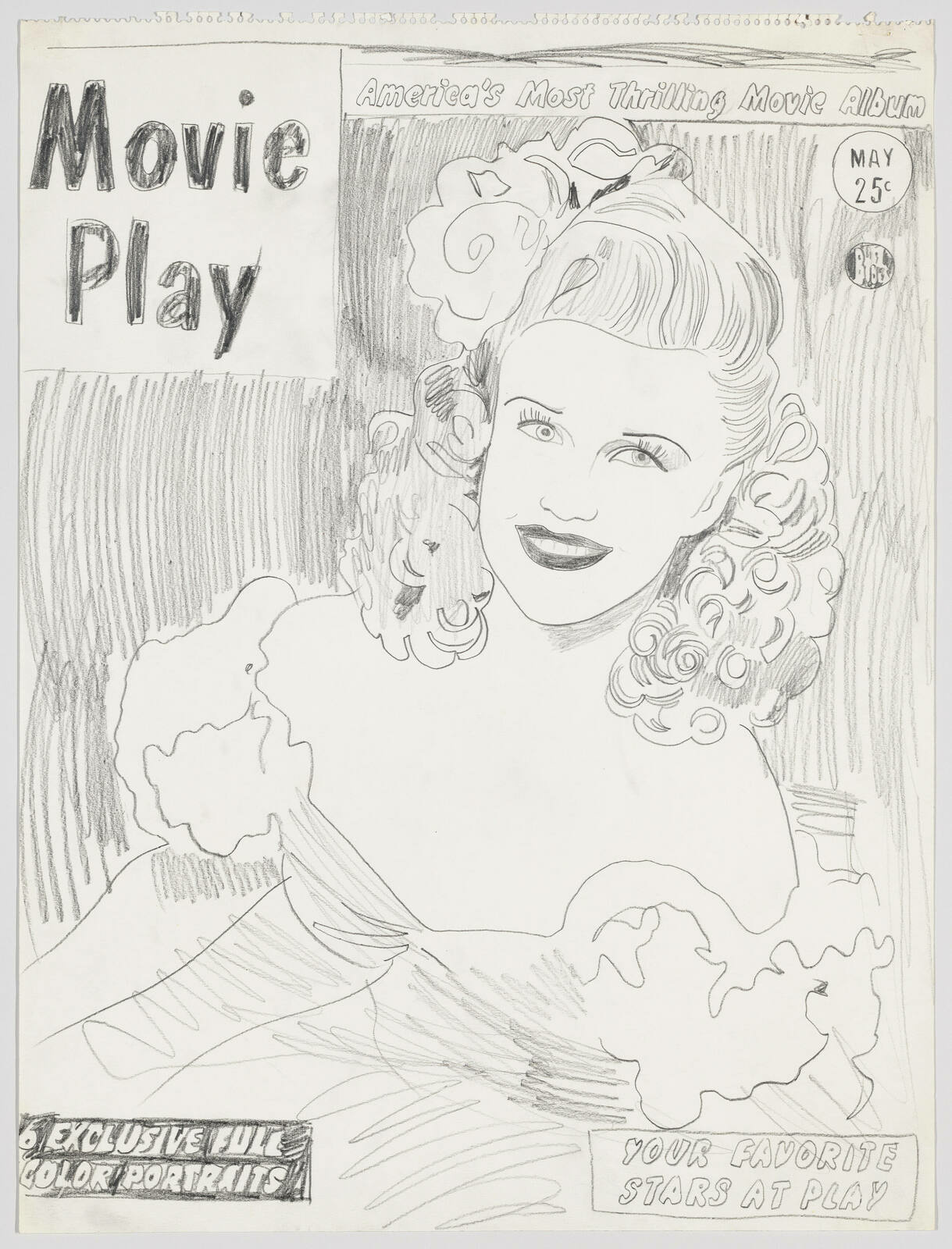 A black and white sketch of a smiling woman with curly hair, featuring promotional text for "Movie Play," described as "America's Most Thrilling Movie Album" with a price tag of 25 cents. Additional text includes "Exclusive Full Color Portraits" and "Your Favorite Stars at Play." The drawing has a vintage feel, reminiscent of classic Hollywood glamour.