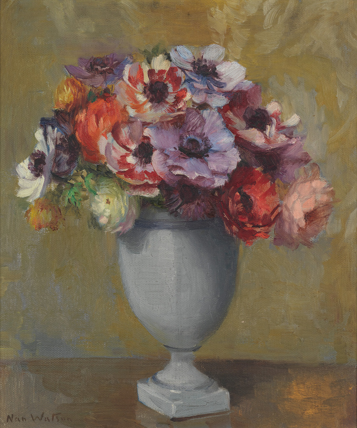 Oil painting of a vibrant bouquet of flowers with various shades of red, purple, and white, arranged in a classic gray vase against a warm, golden-brown background. The artist's signature is visible at the bottom left.