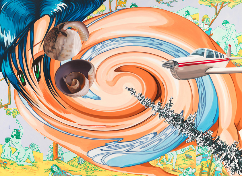 A vibrant, surreal artwork featuring a large, swirling orange and blue pattern resembling a wave or vortex in the center, with a small airplane flying towards the swirl. Two seashells are superimposed on the wave, and the background is filled with various scenes of people in a park-like setting with trees and grass, depicted in a line-drawing style with green and yellow hues. The overall effect is dreamlike and whimsical.