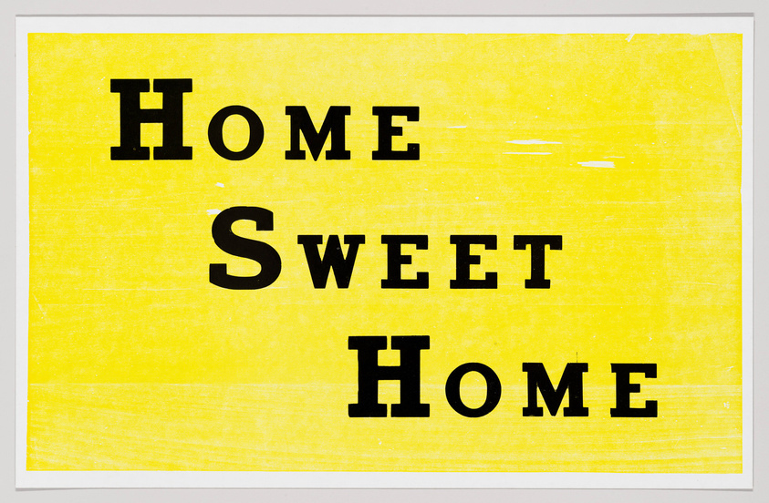 A graphic image featuring the phrase "HOME SWEET HOME" in large, bold, black letters on a bright yellow background with a distressed texture.