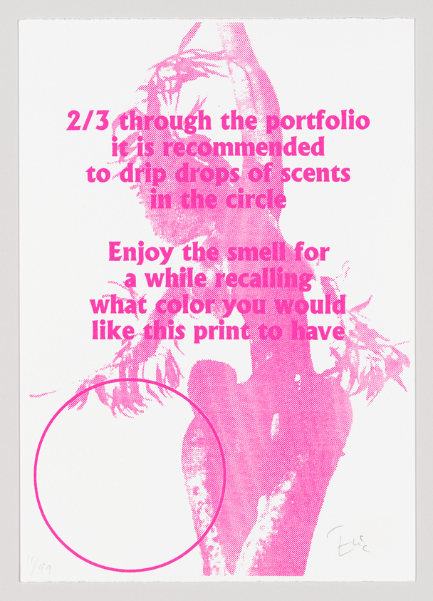 A graphic print featuring pink halftone imagery of a person's profile with text overlay that reads "2/3 through the portfolio it is recommended to drip drops of scents in the circle Enjoy the smell for a while recalling what color you would like this print to have." There is a large empty circle outlined in pink at the bottom left, and a signature at the bottom right.