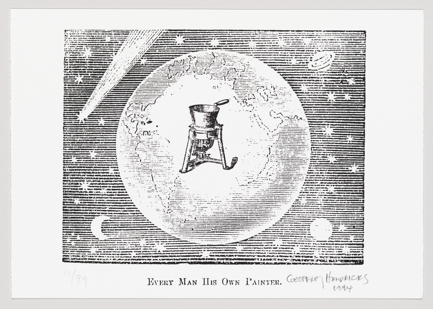 A black and white print featuring a central oval with a textured background, depicting a top hat on a stand with a spoon in it. Above the oval are two diagonal lines, and below are a crescent moon and a small circle. The text "Every Man His Own Painter" and the name "Geoffrey Hendricks 1984" are inscribed below the image.