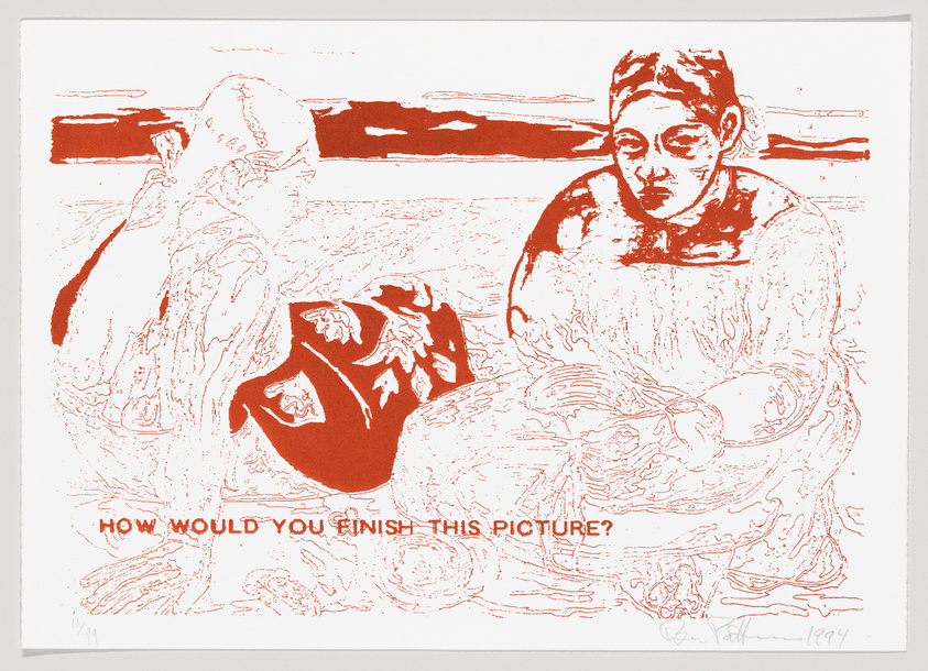 Red and white print showing two figures with a question "HOW WOULD YOU FINISH THIS PICTURE?" at the bottom.