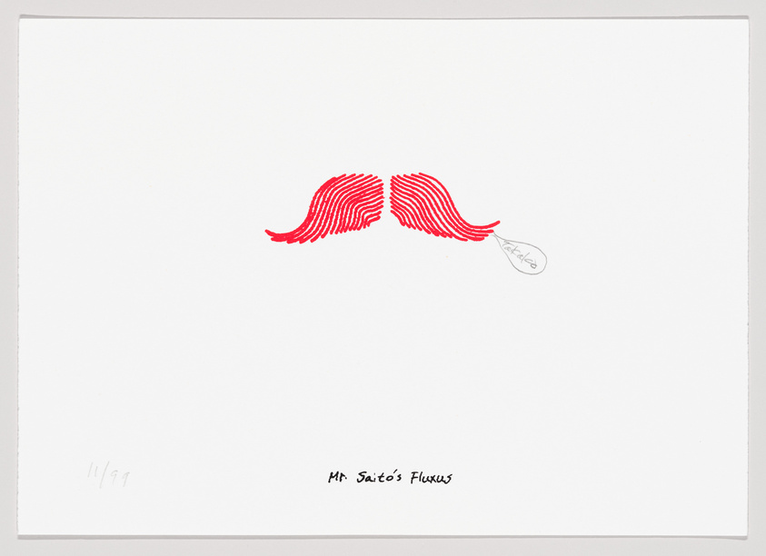Minimalist red line drawing of a mustache with the title "Mr. Saito's Flukes" and edition number 1/99 on a white background.