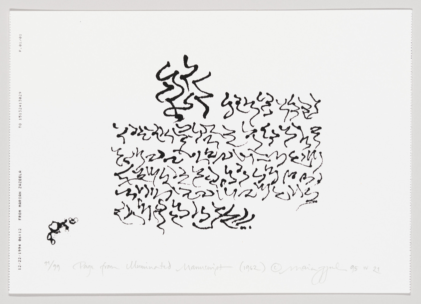 A black and white artwork featuring a collection of abstract, squiggly lines clustered in the center of the paper, with a small blotch and a few isolated squiggles in the bottom left corner. The image includes text at the bottom indicating the piece's title and artist's signature with a date.