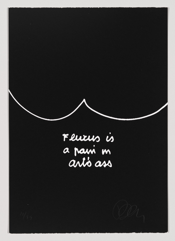 Black and white artwork with a curved white line and illegible text on a black background, signed at the bottom right.