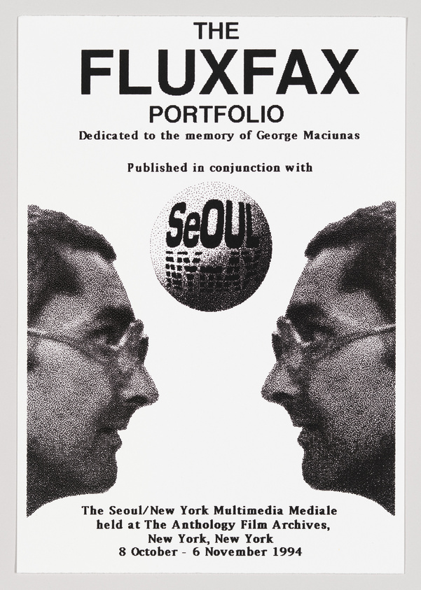 Poster for "THE FLUXFAX PORTFOLIO" with two mirrored profiles facing each other and "SeOUL" globe between them, commemorating George Maciunas.