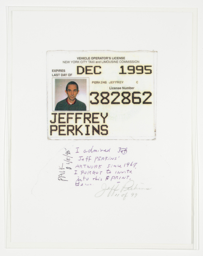 A New York City taxi license for Jeffrey Perkins, expiring December 1995, with handwritten notes and signatures below.