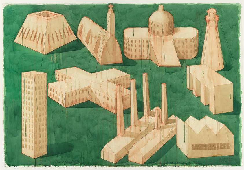Illustration of various abstract architectural structures in a greenish background.