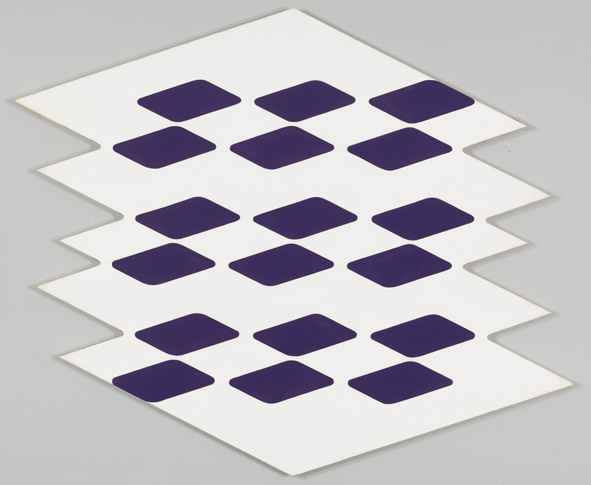 A geometric artwork featuring a series of dark purple rectangles arranged in a grid pattern on a white, zigzag-edged background.