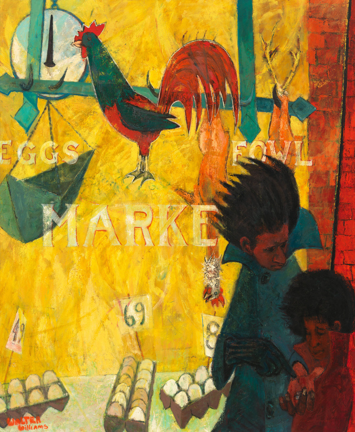 A vibrant painting featuring a market scene with a large, colorful rooster on the left and text elements reading "EGGS," "FOUL," and "MARKET." In the foreground, two figures, an adult and a child, are depicted with stylized features and expressive postures. The background is a warm yellow, suggesting a bustling atmosphere. The artist's signature, "Walter Williams," is visible at the bottom left.