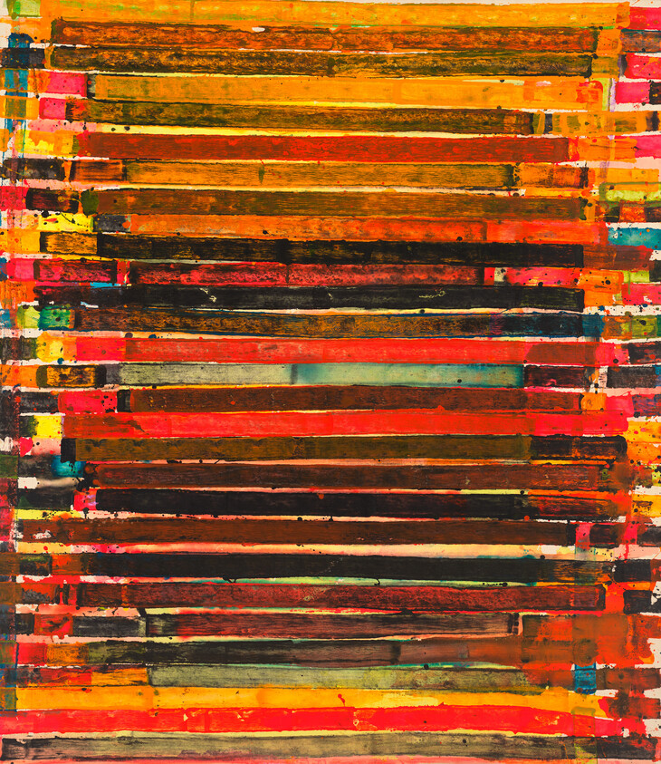 A vibrant abstract painting featuring horizontal stripes in a variety of colors such as red, orange, yellow, black, and hints of blue and green, with a textured, layered appearance suggesting depth and movement.