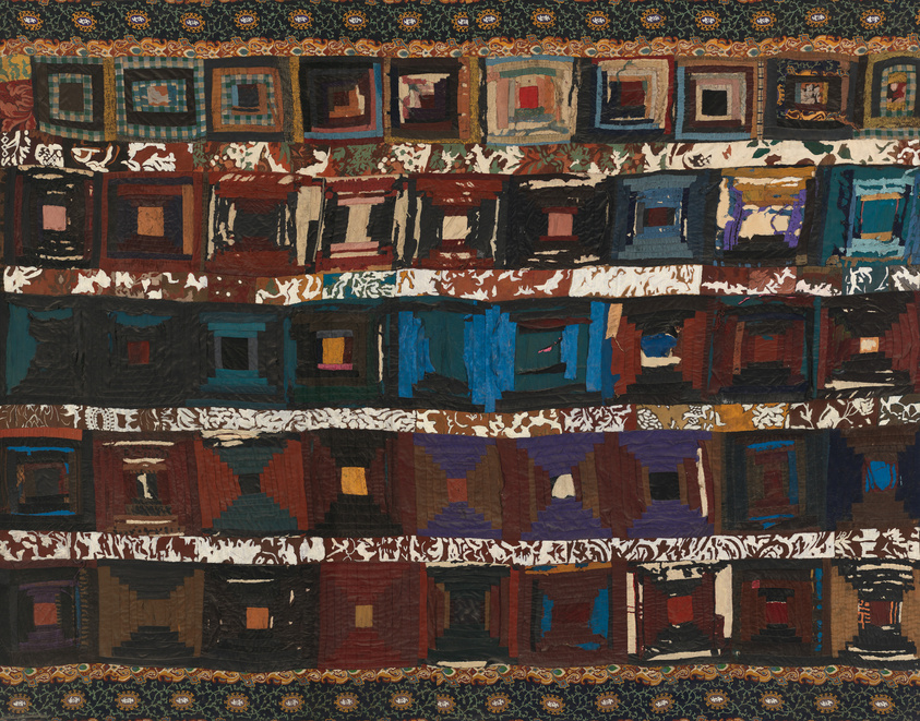 A colorful abstract quilt-like artwork composed of various geometric patterns and shapes, resembling a patchwork of different fabrics with a decorative border.