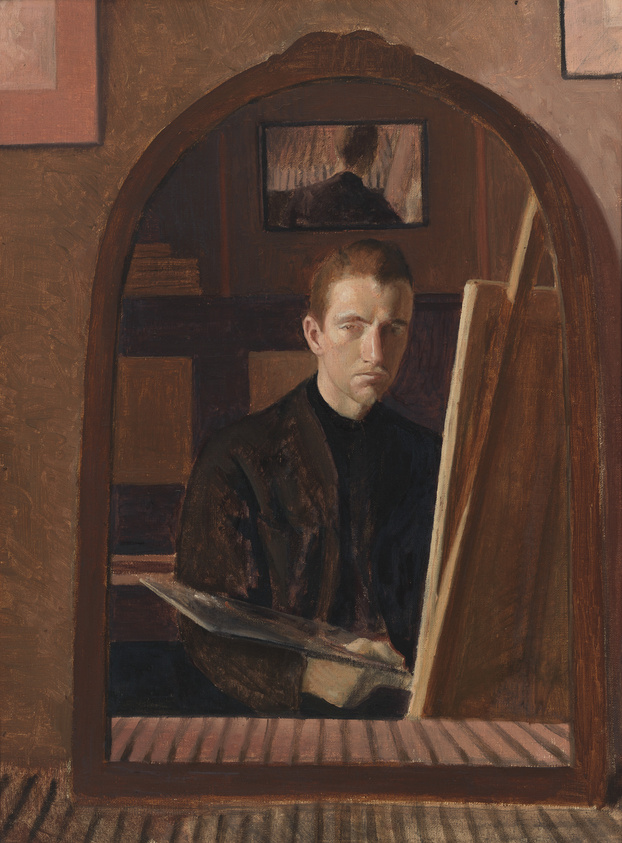 A pensive artist holding a palette and brush, looking directly at the viewer, framed by an arched canvas.