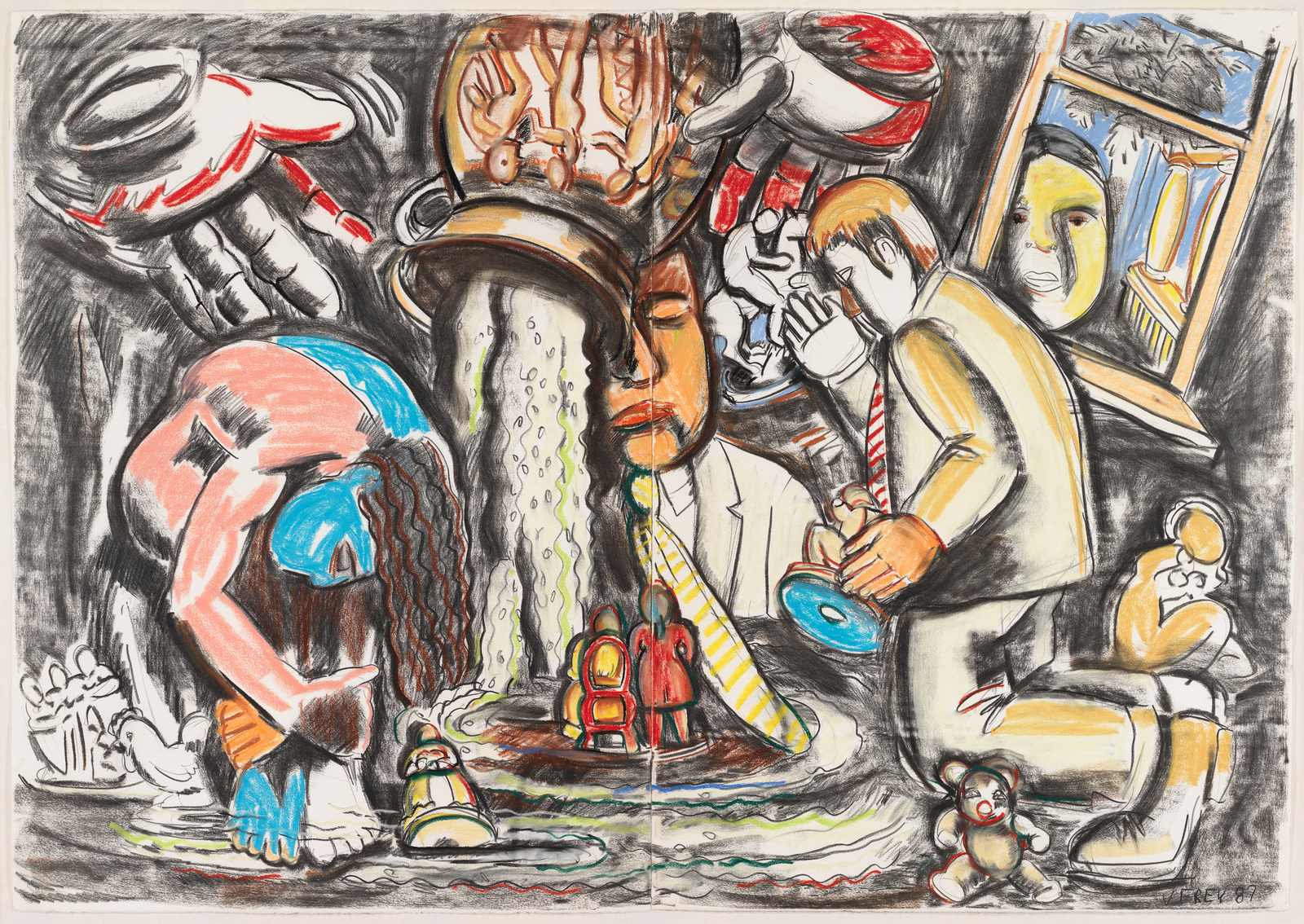 Colorful abstract scene with people, a large pouring pot, and various objects in a chaotic setting.