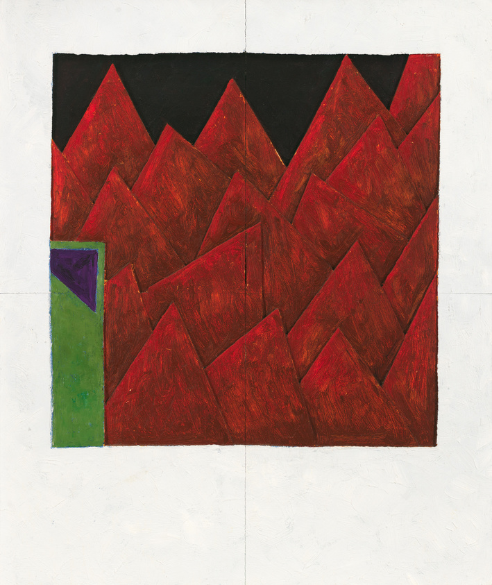Abstract painting with red triangular shapes resembling mountains, a black sky, and a green rectangle with a purple triangle on the left.