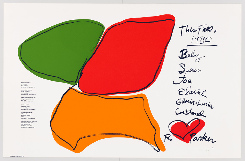 A colorful abstract artwork featuring three bold, overlapping shapes in green, red, and orange, outlined in black on a white background. To the right, handwritten text reads "Thin Face, 1980" followed by a list of names: "Betty, Susan, Joe, Elaine, Gloria-Louise, Cathrael," and signed at the bottom with "R. Panken" next to a red heart. Below the artwork, there is a list of names and numbers in a smaller font, and the bottom left corner includes the text "Printed by Styria Studio, Inc."