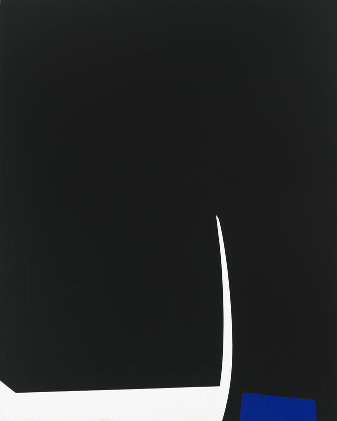 A minimalist abstract artwork featuring a large black background with a white curved shape on the left side and a small blue square in the bottom right corner.