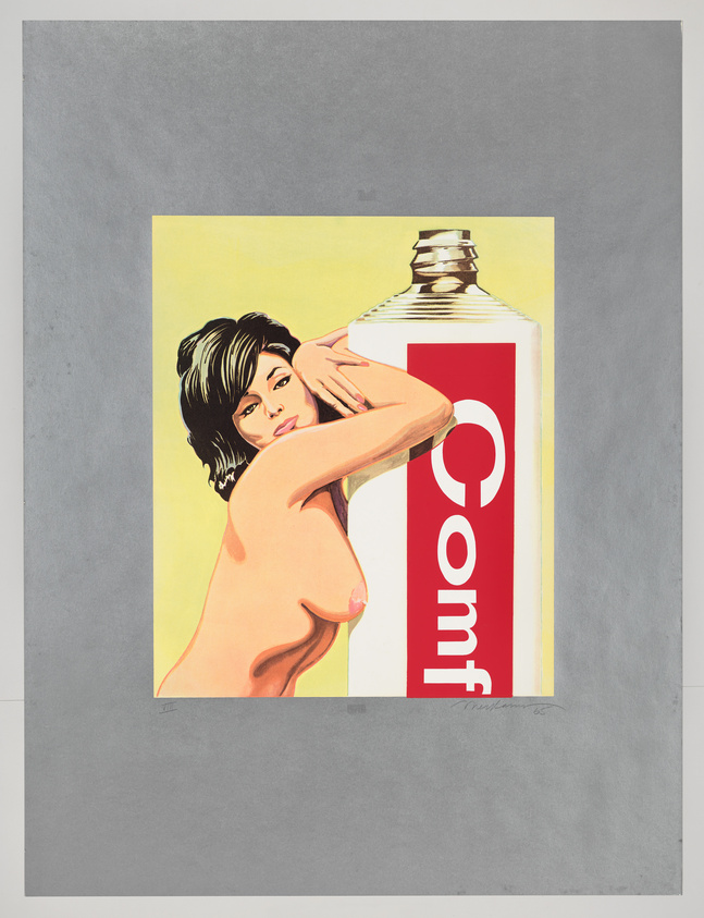 Illustration of a woman embracing a giant toothpaste tube with "Comff" written on it, against a yellow background.