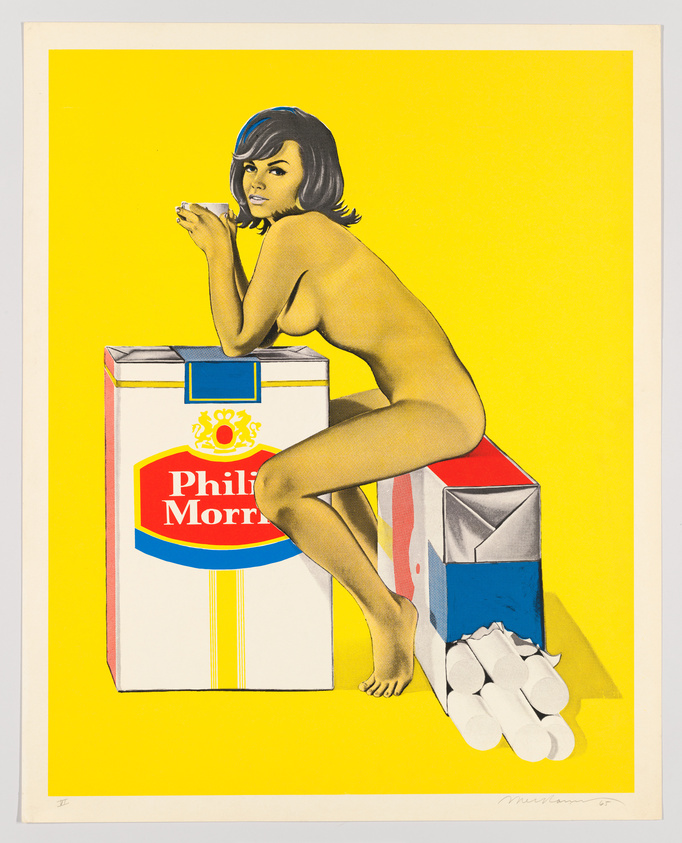 Illustration of a nude woman sitting on an oversized cigarette pack with a spilled matchbox, against a yellow background.