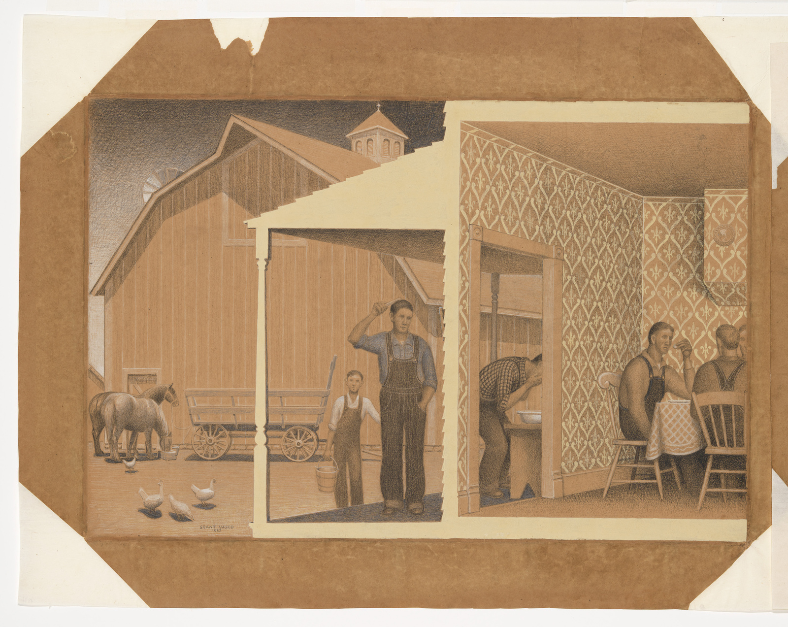 Vintage illustration of rural life with people engaged in various activities around a barn and farmhouse.