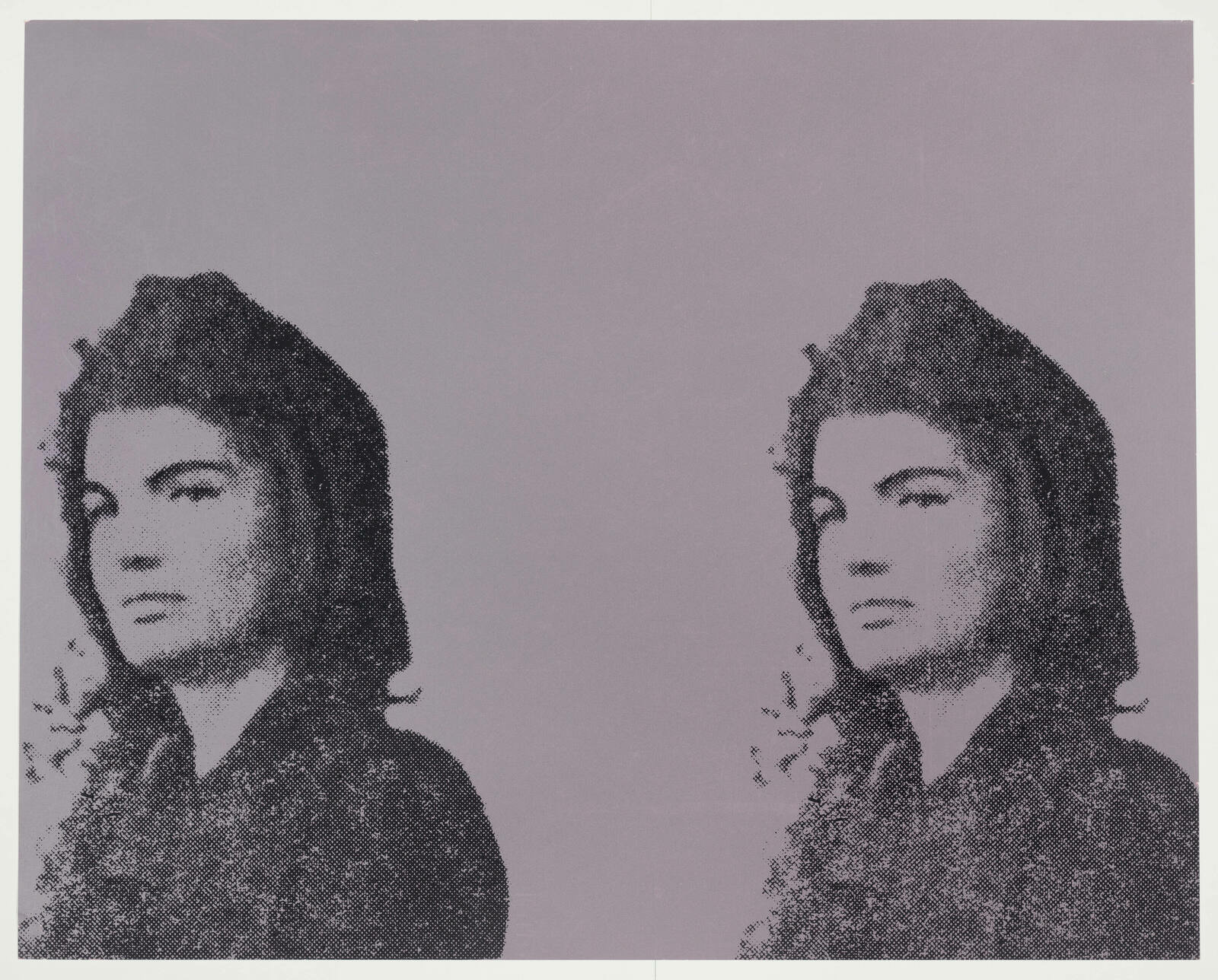 A graphic image featuring two identical halftone portraits of a person with a neutral expression, side by side on a purple background. The portraits are stylized with a dot matrix pattern, reminiscent of pop art.