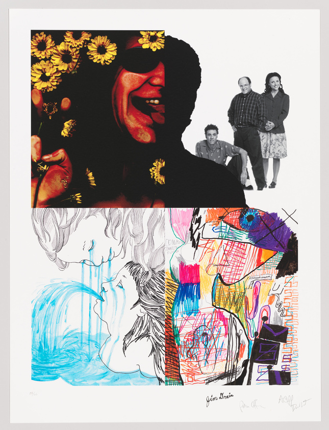 A colorful and eclectic artwork featuring a collage of different elements: the upper left corner shows a person's profile adorned with yellow flowers, the upper right corner includes three people standing together, the bottom left depicts a sketched figure with water flowing from the mouth, and the bottom right contains an array of vibrant abstract shapes and scribbles. The piece is signed by the artists.