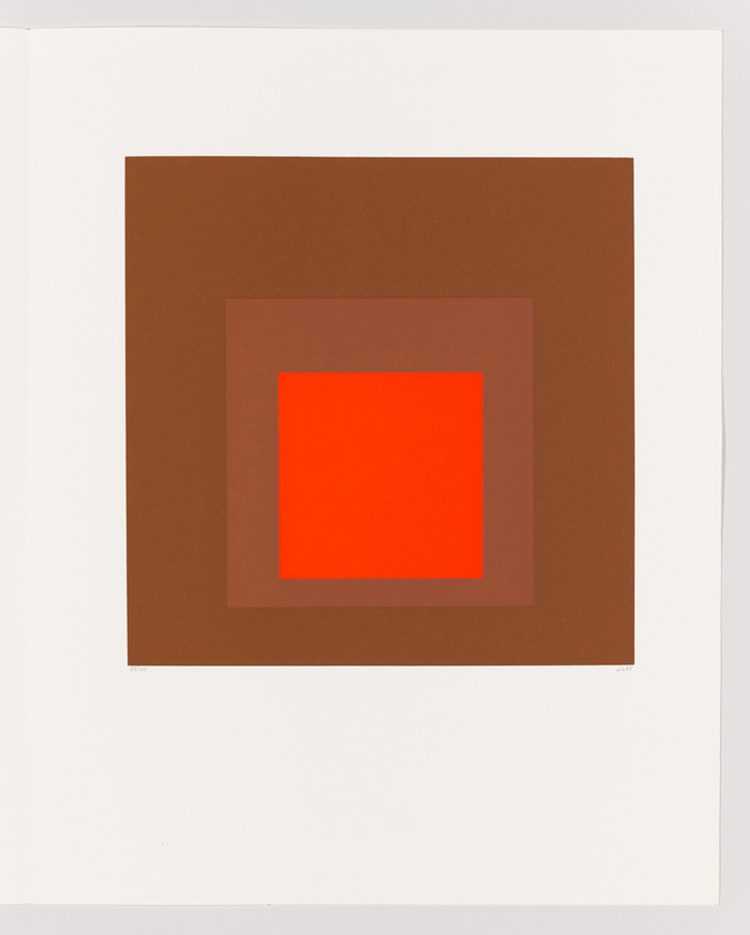A minimalist artwork featuring a series of three concentric squares with a white border. The innermost square is bright red, surrounded by a medium brown square, which is in turn surrounded by a darker brown square. The entire composition is centered on a white background.