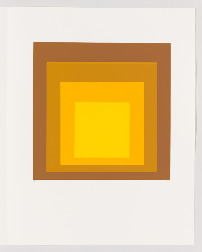A minimalist artwork featuring a series of concentric squares in shades of brown and yellow, centered on a white background. The innermost square is bright yellow, surrounded by a lighter yellow square, which is in turn enclosed by a darker brown square. The piece has a modern, abstract feel.