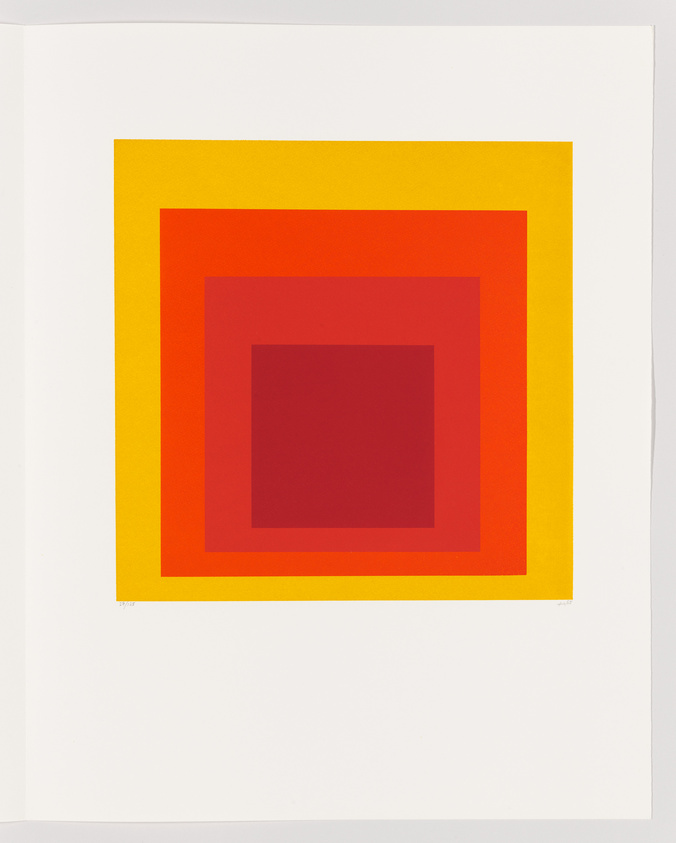 A minimalist artwork featuring a series of three concentric squares, each a different color, with a yellow outer square, an orange middle square, and a red inner square, all on a white background.