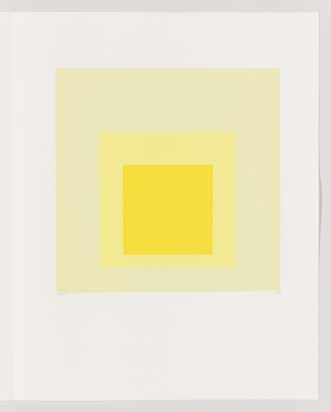A minimalist artwork featuring two concentric squares with a pale yellow outer square and a bright yellow inner square, centered on a white background.