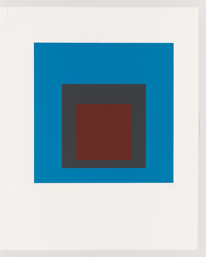 A minimalist artwork featuring a series of nested squares with a large blue square on the outside, a smaller black square in the middle, and an even smaller red square at the center, all on a white background.