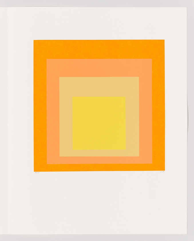 A minimalist artwork featuring a series of concentric squares in shades of orange, peach, and yellow, centered on a white background.