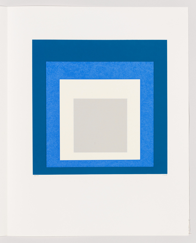 A geometric abstract artwork featuring a series of nested squares in shades of blue and gray, centered on a white background. The squares create a visual effect of depth, with the innermost square appearing lighter in color.