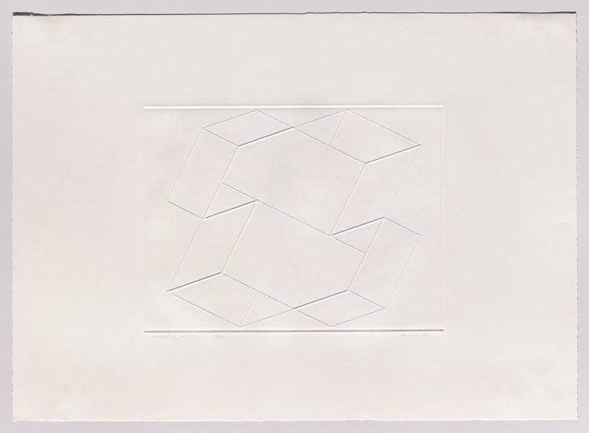 A minimalist geometric artwork consisting of several interconnected pentagons forming an abstract shape on a white paper background. The artwork is signed and dated at the bottom.