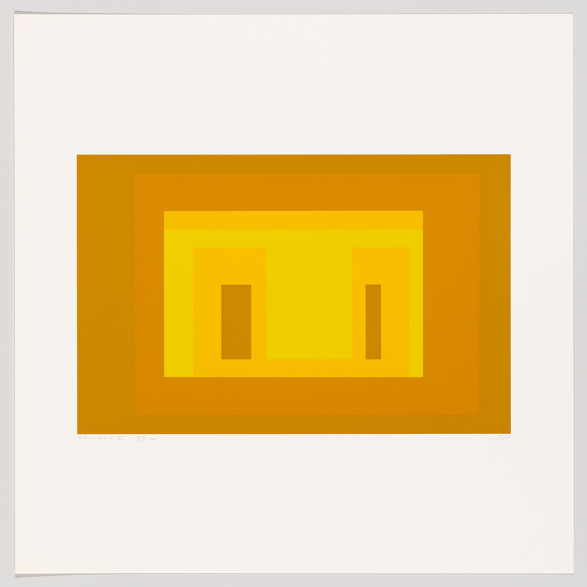 A modern abstract artwork featuring a series of nested rectangles in shades of yellow and orange, centered on a white background with the artist's signature and edition number on the lower left.