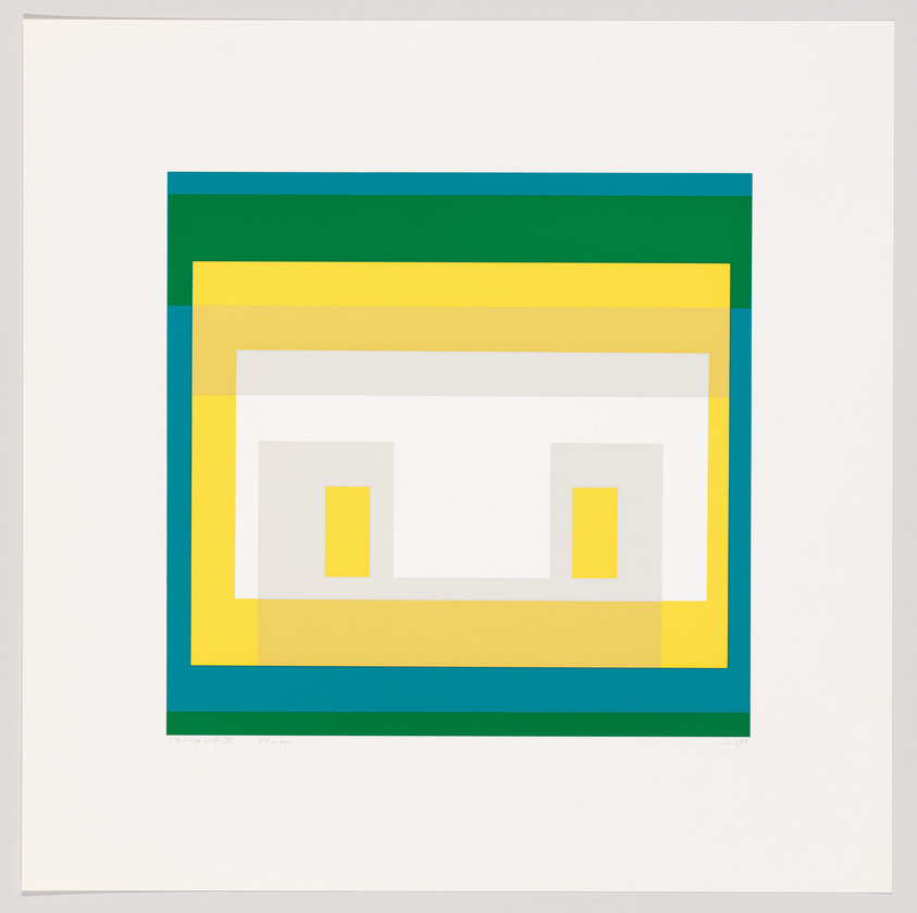 A geometric abstract artwork featuring a series of nested rectangles in green, yellow, and white, with a yellow square at the center, all on a white background.