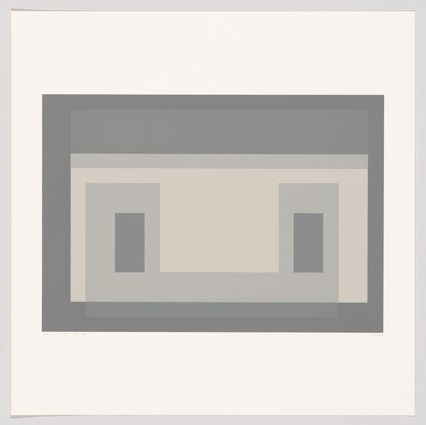 A minimalist abstract artwork featuring a series of nested rectangles in varying shades of gray, creating an illusion of depth on a white background. There is a signature and edition number at the bottom left corner.