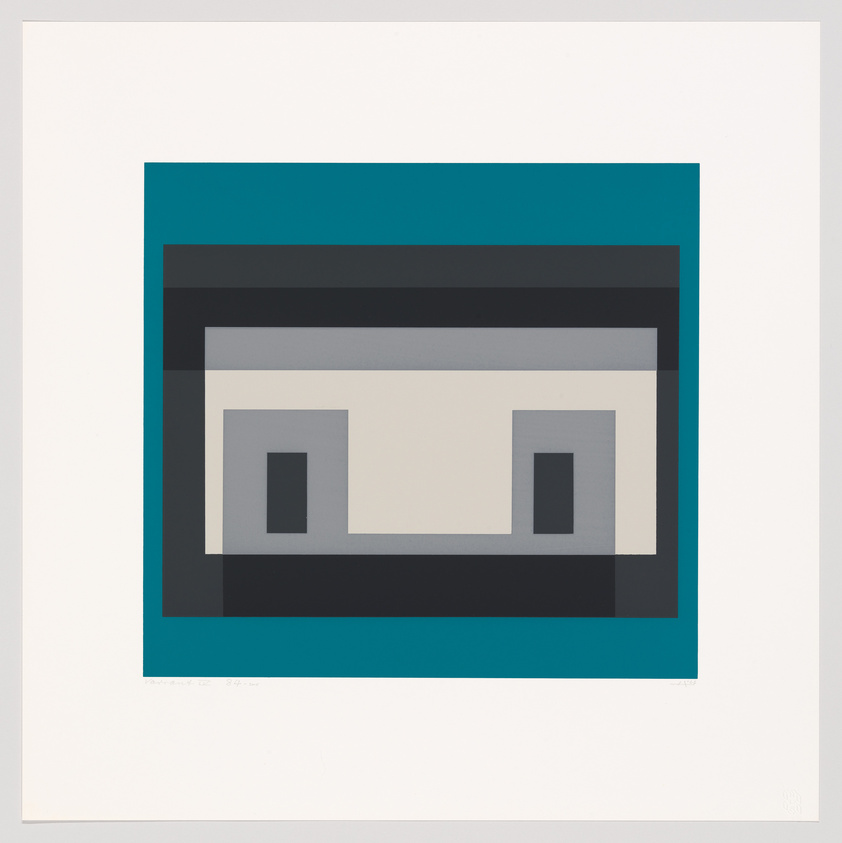 A geometric abstract print featuring a series of nested rectangles in shades of teal, gray, and beige, centered on a white background.