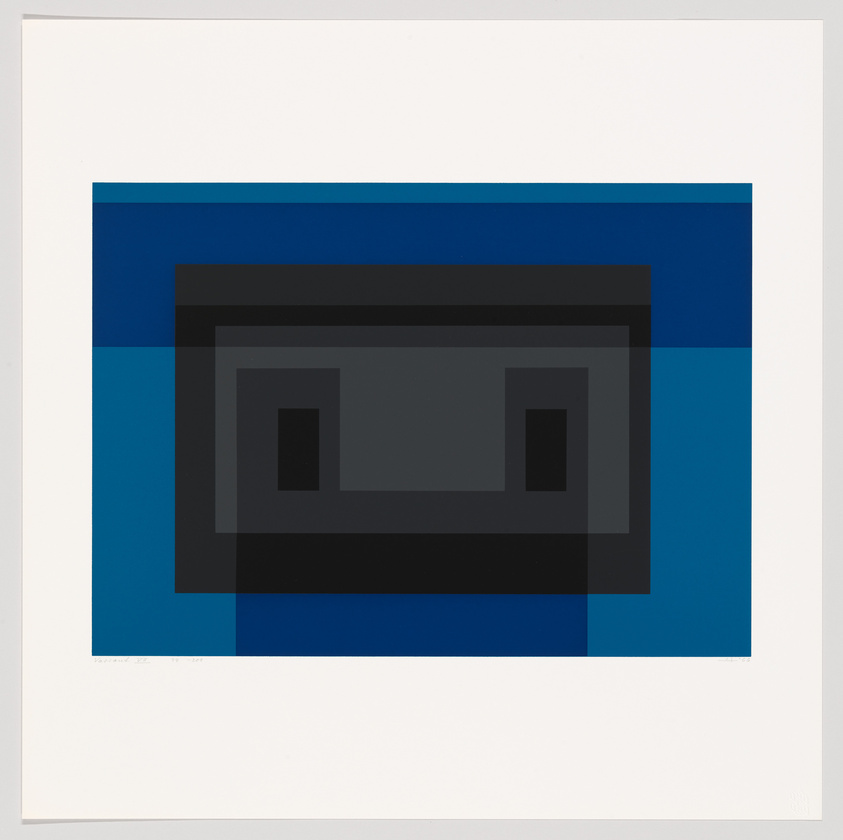 A geometric abstract artwork featuring a series of nested rectangles in shades of blue and black, centered on a white background with a signature and edition number at the bottom left.
